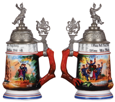 Regimental stein, .5L, 9.9'' ht., porcelain, 10. Comp., 3. bayr. Inft. Regt., Augsburg, Bäcker Abteilung des I. Armeekorps, 1906 - 1908, two side scenes, roster, lion thumblift, named to: Mil. Bäcker Joh. Schuster, mint. - 2