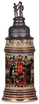 Regimental stein, .5L, 11.3'' ht., pottery, 1. Komp., Inft. Regt. Nr. 71, Sondershausen, Berlin, 1909 - 1911, four side scenes, eagle thumblift, named to: Reserv. Kufeld, excellent pewter strap repair, small base chip repaired.