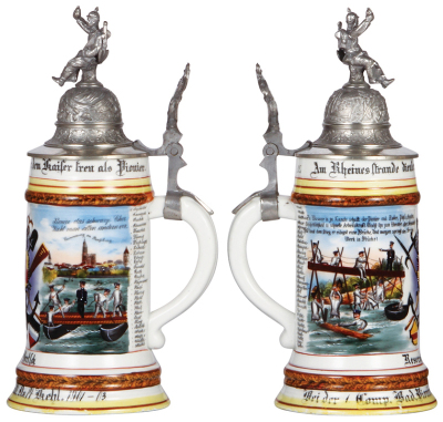 Regimental stein, .5L, 11.1'' ht., porcelain, 1. Comp., Pionier Bataillon No. 14, Kehl, 1901 - 1903, two side scenes, roster, anchor thumblift, named to: Reservist Bertsch, mint. - 2