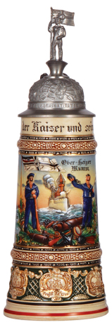 Regimental stein, 1.0L, 13.7'' ht., pottery, S. M. S. Elsass, I. Werft - Division, Keil - Wik., 1905 - 1908, two side scenes, roster, eagle thumblift, named to: Oberheizer Mumm, mint.