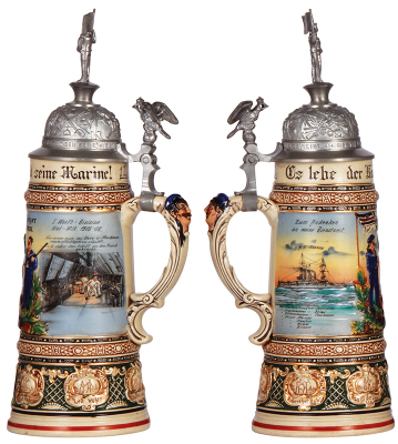 Regimental stein, 1.0L, 13.7'' ht., pottery, S. M. S. Elsass, I. Werft - Division, Keil - Wik., 1905 - 1908, two side scenes, roster, eagle thumblift, named to: Oberheizer Mumm, mint. - 2