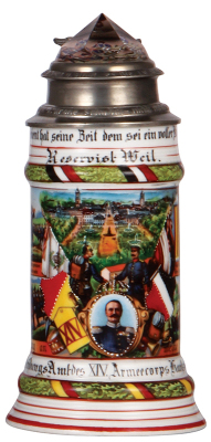 Regimental stein, .5L, 9.4'' ht., porcelain, Bekleidungs Amt. des XIV Armee corps, Karlsruhe, 1908 - 1910, four side scenes, roster, griffin thumblift, named to: Reservist Weil, mint.