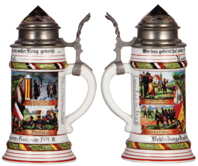 Regimental stein, .5L, 9.4'' ht., porcelain, Bekleidungs Amt. des XIV Armee corps, Karlsruhe, 1908 - 1910, four side scenes, roster, griffin thumblift, named to: Reservist Weil, mint. - 2