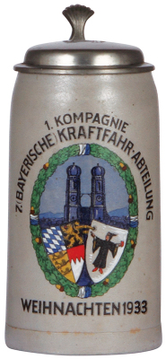 Military stein, 1.0L, stoneware, 1. Kompanie, 7. [Bayerische] Kraftfahr Abteilung, Weihnachten, 1933, pewter lid, faint 2'' hairline on side, hairline on handle under pewter.