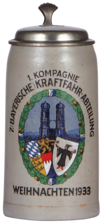 Military stein, 1.0L, stoneware, 1. Kompanie, 7. [Bayerische] Kraftfahr Abteilung, Weihnachten, 1933, pewter lid, faint 2'' hairline on side, hairline on handle under pewter.