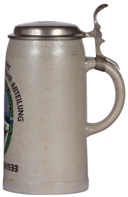 Military stein, 1.0L, stoneware, 1. Kompanie, 7. [Bayerische] Kraftfahr Abteilung, Weihnachten, 1933, pewter lid, faint 2'' hairline on side, hairline on handle under pewter. - 2