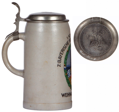 Military stein, 1.0L, stoneware, 1. Kompanie, 7. [Bayerische] Kraftfahr Abteilung, Weihnachten, 1933, pewter lid, faint 2'' hairline on side, hairline on handle under pewter. - 3