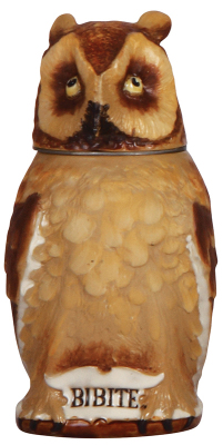 Character stein, .5L, stoneware, marked 2036, Mettlach, Owl, 1'' hairline at edge of inlaid lid.