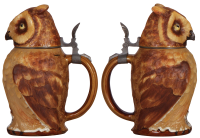 Character stein, .5L, stoneware, marked 2036, Mettlach, Owl, 1'' hairline at edge of inlaid lid. - 2