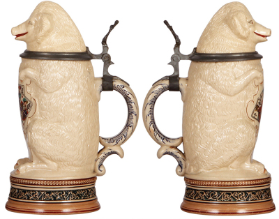 Two Character steins, .5L, pottery, marked 1116, Pig with Cards, 1'' hairline at edge of inlaid lid; with, .5L, pottery, marked 1139, Bowling Pins, mint. - 2