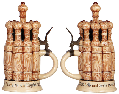 Two Character steins, .5L, pottery, marked 1116, Pig with Cards, 1'' hairline at edge of inlaid lid; with, .5L, pottery, marked 1139, Bowling Pins, mint. - 3