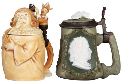 Two Character steins, .5L, porcelain, marked Musterschutz, by Schierholz, Judge, good repair of chips on lid and upper rim, discolored inside, looks good outside; with, .5L, porcelain, Beethoven, poorly repaired cracked inlay.