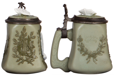 Two Character steins, .5L, porcelain, marked Musterschutz, by Schierholz, Judge, good repair of chips on lid and upper rim, discolored inside, looks good outside; with, .5L, porcelain, Beethoven, poorly repaired cracked inlay. - 4