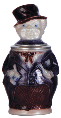Character stein, .5L, stoneware, marked 56, by Hauber & Reuther, Man with Cut Away Coat, blue & purple saltglazes, mint.