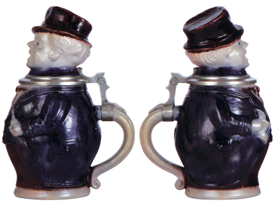 Character stein, .5L, stoneware, marked 56, by Hauber & Reuther, Man with Cut Away Coat, blue & purple saltglazes, mint. - 2