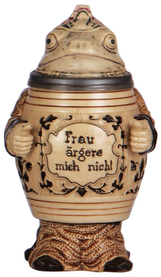 Character stein, .5L, pottery, marked 922, Frog, Frau ärgere mich nicht!, mis-matched lid and body, mint.