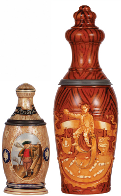 Two Character steins, .5L, pottery, marked 885 by Reinhold Merkelbach, Bowling Pin, mint; with, 2.0L, 15.5" ht., pottery, marked 1186, by Reinhold Hanke, Bowling Pin, mint.