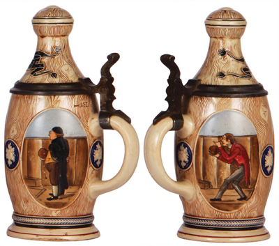 Two Character steins, .5L, pottery, marked 885 by Reinhold Merkelbach, Bowling Pin, mint; with, 2.0L, 15.5" ht., pottery, marked 1186, by Reinhold Hanke, Bowling Pin, mint. - 2