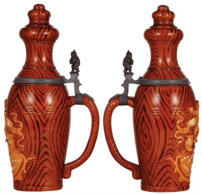 Two Character steins, .5L, pottery, marked 885 by Reinhold Merkelbach, Bowling Pin, mint; with, 2.0L, 15.5" ht., pottery, marked 1186, by Reinhold Hanke, Bowling Pin, mint. - 3