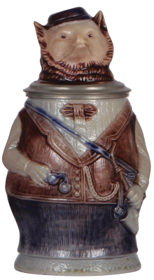 Character stein, .5L, stoneware, marked 54, by Hauber & Reuther, Student Fox, blue & Manganese saltglaze, mint.