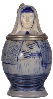 Character stein, .5L, stoneware, Nun, blue saltglaze, rare, mint.