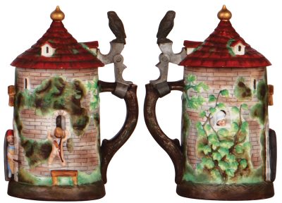 Character stein, .5L, porcelain, pewter marked Pauson München, Tower, porcelain lid has break glued & chip, body mint. - 2