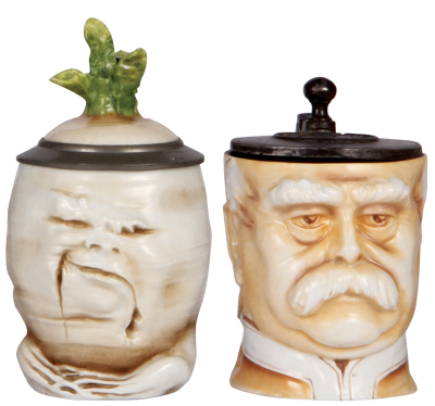Two Character steins, both, .5L, porcelain, marked Musterschutz, by Schierholz, Sad Radish, small flakes on leaves; with, Bismarck, replacement pewter lid is not connected.