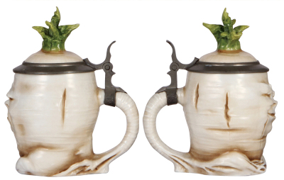 Two Character steins, both, .5L, porcelain, marked Musterschutz, by Schierholz, Sad Radish, small flakes on leaves; with, Bismarck, replacement pewter lid is not connected. - 2