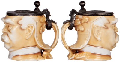 Two Character steins, both, .5L, porcelain, marked Musterschutz, by Schierholz, Sad Radish, small flakes on leaves; with, Bismarck, replacement pewter lid is not connected. - 3