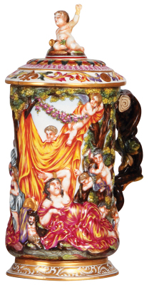 Porcelain stein, 1.0L, 9.8'' ht., relief hand-painted, marked N with Crown, Capo-di-Monte, porcelain set-on lid, cupid finial, lid cracks partially repaired with metal brackets.