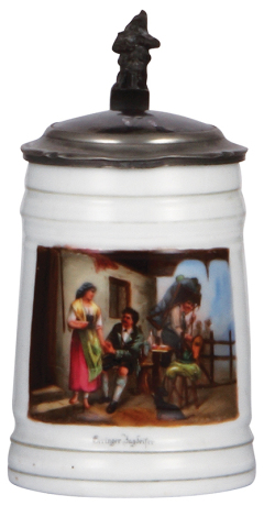 Porcelain stein, .5L, transfer & handpainted, Geringer Jagdeifer, porcelain inlaid lid: Jäger, good condition.