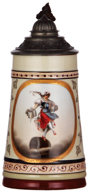 Porcelain stein, 1.0L, transfer & handpainted, Bräu Liesl, lithophane, pewter lid, mint.