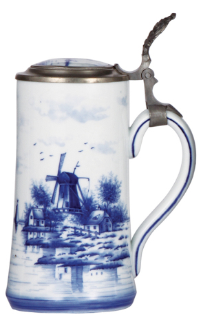 Porcelain stein, 1.0L, hand-painted, Delft, inlaid lid, lithophane, shallow base flake, otherwise mint.