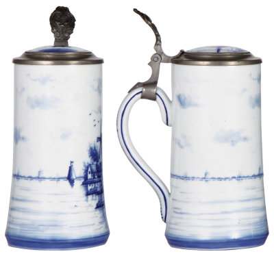 Porcelain stein, 1.0L, hand-painted, Delft, inlaid lid, lithophane, shallow base flake, otherwise mint. - 2