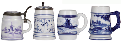 Four porcelain steins, .5L, hand-painted, purple, Dutch windmill, porcelain inlaid lid; with, .5L, hand-painted, porcelain inlaid lid; with, .5L, hand-painted, Old Mill built 1746, Nantucket, Mass., no lid; with, .5L, hand-painted, no lid, all have lithop