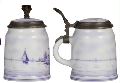 Four porcelain steins, .5L, hand-painted, purple, Dutch windmill, porcelain inlaid lid; with, .5L, hand-painted, porcelain inlaid lid; with, .5L, hand-painted, Old Mill built 1746, Nantucket, Mass., no lid; with, .5L, hand-painted, no lid, all have lithop - 2