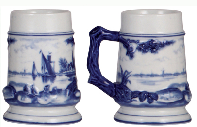 Four porcelain steins, .5L, hand-painted, purple, Dutch windmill, porcelain inlaid lid; with, .5L, hand-painted, porcelain inlaid lid; with, .5L, hand-painted, Old Mill built 1746, Nantucket, Mass., no lid; with, .5L, hand-painted, no lid, all have lithop - 5