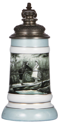 Porcelain stein, .5L, transfer and hand-painted, hunter and young woman, music box base, pewter lid, mint.