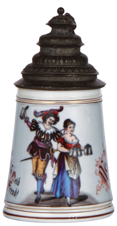 Porcelain stein, .5L, transfer & hand-painted, colored lithophane, pewter lid, hairline in rear & lithophane repaired.