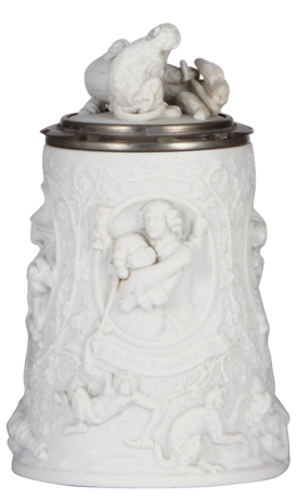 Porcelain stein, .5L, relief, people drinking, monkeys, figural inlaid lid of monkeys, small repair of monkey's leg on lid, body mint.