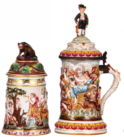 Two porcelain steins, .5L, 8.4" ht., hand-painted relief, Capo-di-Monte, marked N with crown, set-on lid, very good repair to one ear on finial; with, .7L, 11.5" ht., hand-painted relief, Capo-di-Monte, marked N with crown, porcelain lid, finial leg break