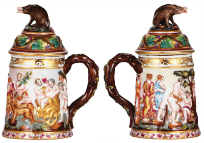 Two porcelain steins, .5L, 8.4" ht., hand-painted relief, Capo-di-Monte, marked N with crown, set-on lid, very good repair to one ear on finial; with, .7L, 11.5" ht., hand-painted relief, Capo-di-Monte, marked N with crown, porcelain lid, finial leg break - 2