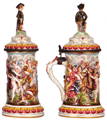 Two porcelain steins, .5L, 8.4" ht., hand-painted relief, Capo-di-Monte, marked N with crown, set-on lid, very good repair to one ear on finial; with, .7L, 11.5" ht., hand-painted relief, Capo-di-Monte, marked N with crown, porcelain lid, finial leg break - 3