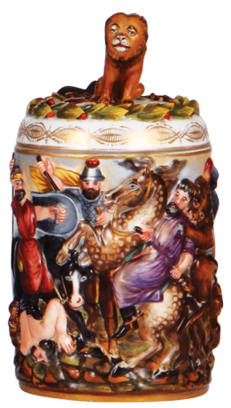 Porcelain stein, 1.0L, 8.5'' ht., relief, marked N with crown, Capo-di-Monte, porcelain lid, hairline on underside of base.