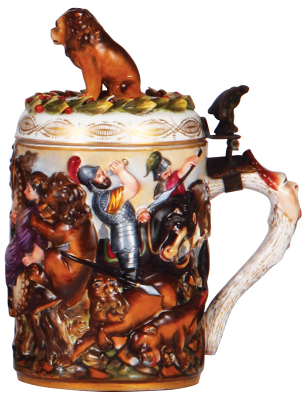 Porcelain stein, 1.0L, 8.5'' ht., relief, marked N with crown, Capo-di-Monte, porcelain lid, hairline on underside of base. - 2