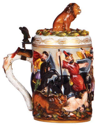 Porcelain stein, 1.0L, 8.5'' ht., relief, marked N with crown, Capo-di-Monte, porcelain lid, hairline on underside of base. - 3