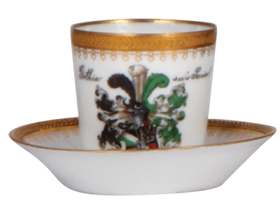 Porcelain cup & saucer, 2.6'' ht., transfer & hand-painted, marked Limoges, Gebr. Goedeck Hannover, student society, Gothia Sei's Panier!, 1904, mint.