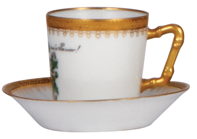 Porcelain cup & saucer, 2.6'' ht., transfer & hand-painted, marked Limoges, Gebr. Goedeck Hannover, student society, Gothia Sei's Panier!, 1904, mint. - 3