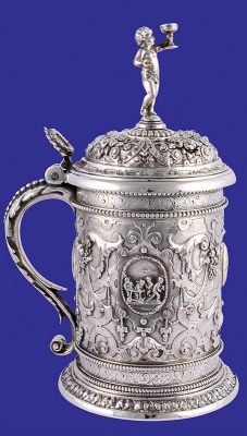 Silver-plated stein, 8.7'' ht., c.1890, copper, relief, very detailed, excellent condition.