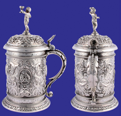 Silver-plated stein, 8.7'' ht., c.1890, copper, relief, very detailed, excellent condition. - 2